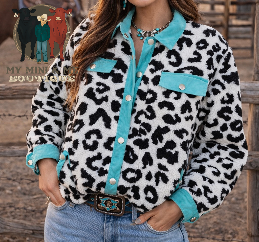 Turquoise Leopard Sherpa Jacket